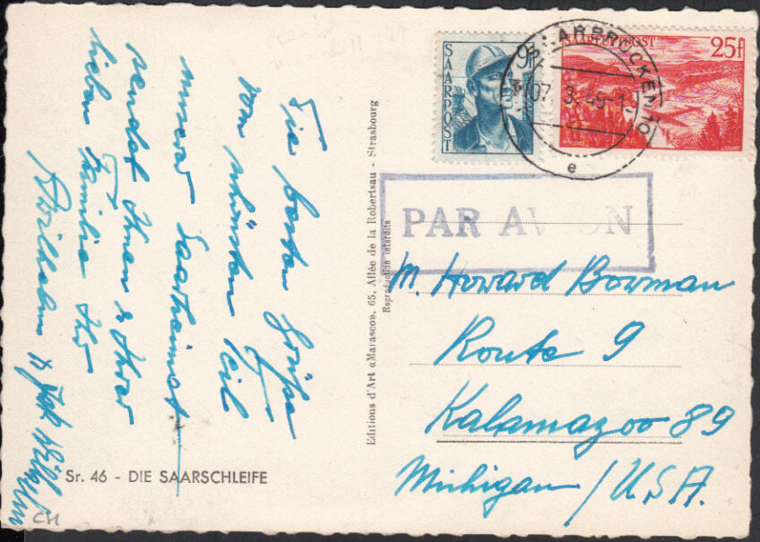 SAARBRÜCKEN 10 / 7.3.49, AK Saarschleife per Luftpost in die USA ...