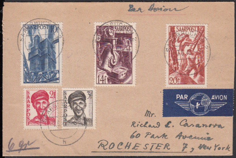 SAARBRÜCKEN 2 / 7.6.48, Luftpostbrief in die USA (Zone 2, 6 - 10 g. ...