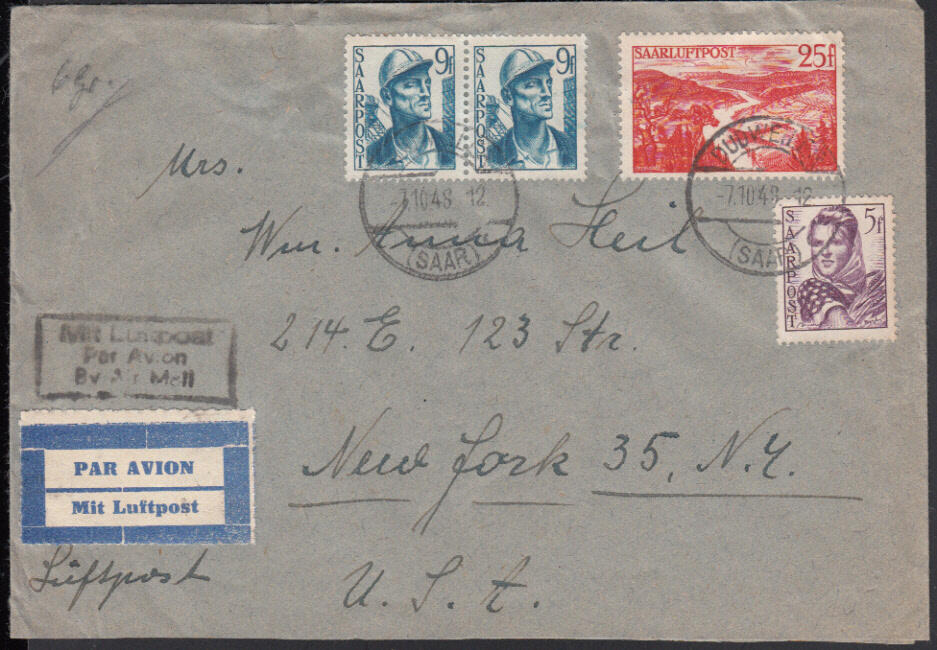 DUDWEILER (SAAR) / 7.10.48, Luftpostbrief in die USA (Zone 2, 6 - 10 ...