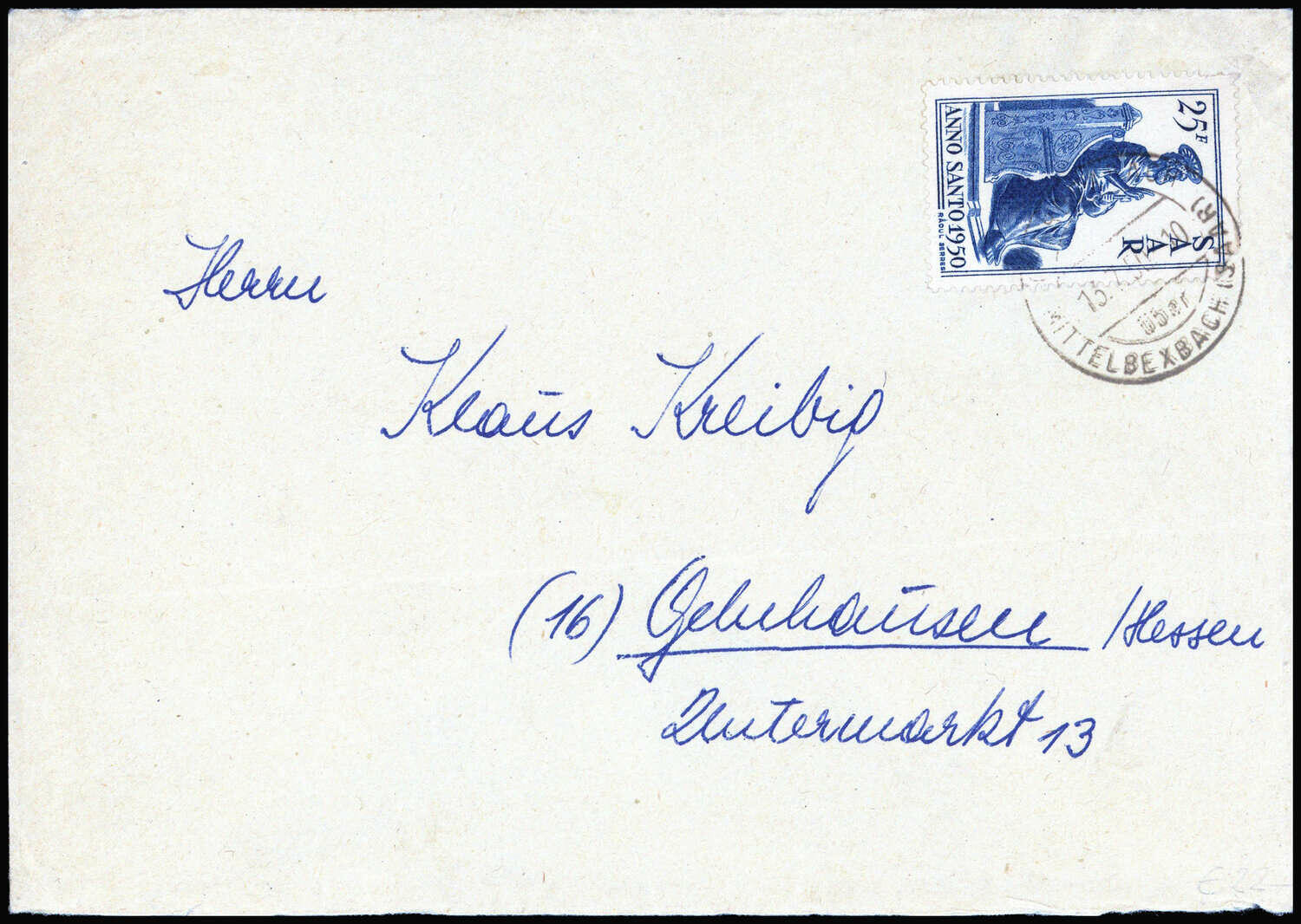 25 Fr. Heiliges Jahr 1950 einzeln portorichtig auf Brief (Rückklappe ...