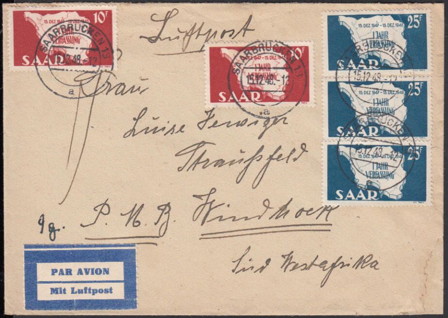 SAARBRÜCKEN 13 / 15.12.48, Luftpostbrief nach Südwestafrika (9 g., ...