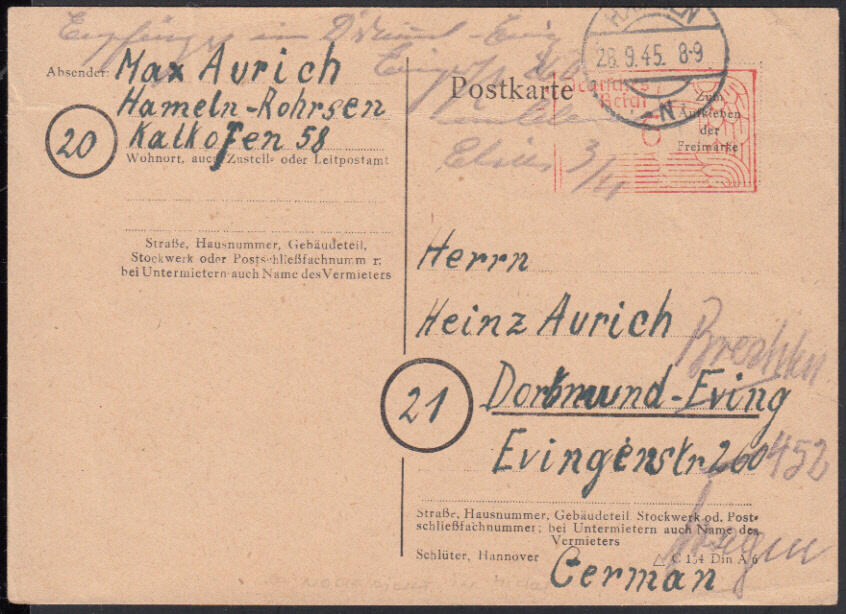 RPD Hannover, Postkarten-Formblatt 'Schlüter' mit Wertrahmen ...