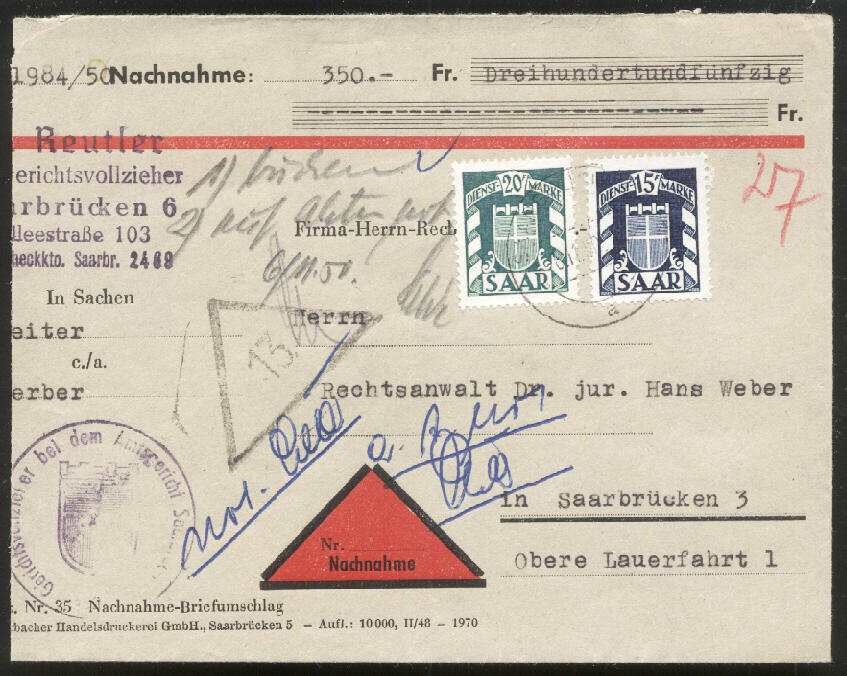 SAARBRÜCKEN 6 / 6.11.50, 15 und 20 F. Dienst auf links verkürztem ...
