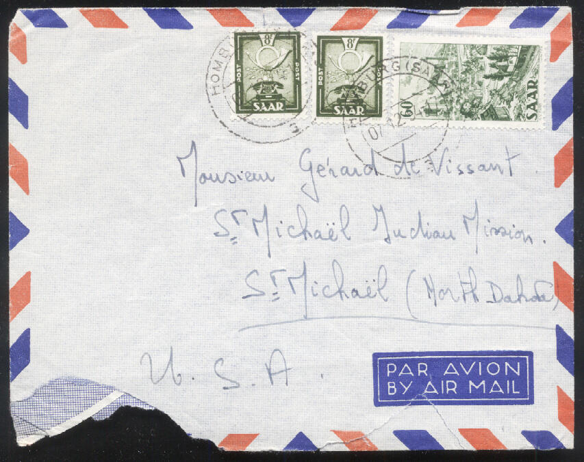 HOMBURG (SAAR) / 7.12.54, 2 x 8 und 60 Fr. Saar IV auf Luftpostbrief ...