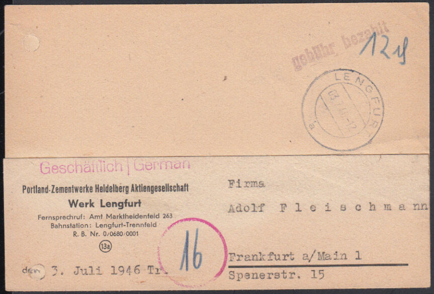 LENGFURT / 3.7.46, viol. L1 'gebühr bezahlt' und hschr. '12 Pf.' auf ...