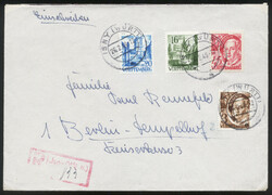 Isny (Württ.), roter R-Stempel auf Ebf. mit 3, 16, 20 und 45 Pf. 1. ...