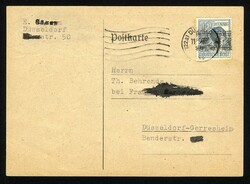 Postfälschung 12 Pf. Band-Doppelaufdruck auf Ortskarte DÜSSELDORF / ...