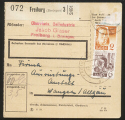 FREIBURG (Breisgau) 3 / 12.3.49, Paketkarte mit vs. 2 und 6 und rs. 2 ...