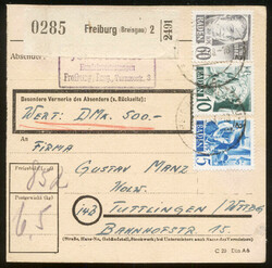 FREIBURG (Breisgau) 2 / 14.12.48, Wertpaketkarte mit 15 und 60 DPf. ...