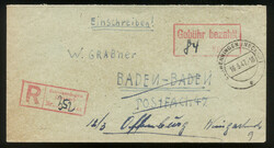 Schwenningen (Neckar), roter R-Stempel auf Ebf. mit rotem R2 'Gebühr ...