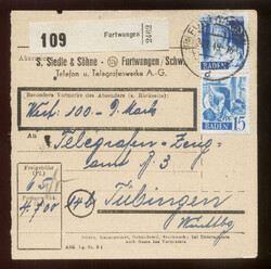 FURTWANGEN / 24.1.49, Wertpaketkarte mit 15 und 50 Pf. 2. ...
