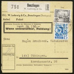 DENZLINGEN / 16.2.49, Selbstbucher-Wertpaketkarte der Fa. Ludewig & ...
