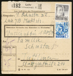 LAHR (SCHWARZWALD) 1 / 13.12.48, Wertpaketkarte mit 15 und 60 Pf. 2. ...