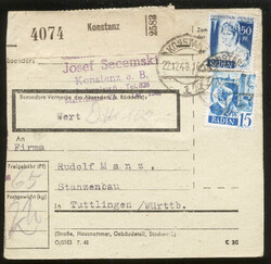 KONSTANZ / 22.12.48, Wertpaketkarte mit 15 und 50 Pf. 2. ...