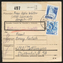 LÖRRACH 1 / 20.12.48, Paketkarte mit bezahlter Zustellgebühr mit vs ...