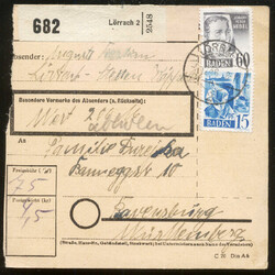 LÖRRACH 2 / 9.12.48, Wertpaketkarte mit 15 und 60 Pf. 2. ...