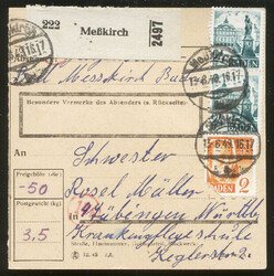 MESSKIRCH / 13.6.49, Paketkarte mit 2x 24 Pf. 2. Ausgabe und defekter ...