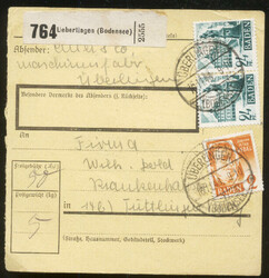 ÜBERLINGEN (Bodensee) / 16.11.48, Paketkarte mit 2x 24 Pf. II und 2 ...