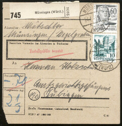 MÜNSINGEN (Württ) / 24.6.49, Paketkarte mit bez. Zustellgebühr und ...