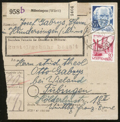 MÜNSINGEN (Württ) / 27.6.49, Paketkarte mit bezahlter ...