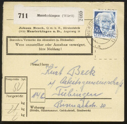 MUNDERKINGEN (Württ) / 23.6.49, Paketkarte mit 50 Pf. 2. ...