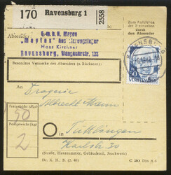 RAVENSBURG 1 / 6.12.48, Paketkarte mit 50 Pf. 2. AusgabeAutomatically ...