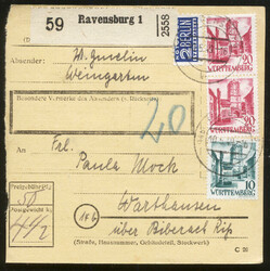 RAVENSBURG 1 / 10.5.49, Paketkarte mit 10 und 2x 20 Pf. 3. Ausgabe ...
