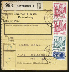 RAVENSBURG 1 / 28.5.49, Paketkarte mit 10 und 2x 20 Pf. 3. Ausgabe ...