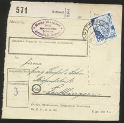 ROTTWEIL / 22.11.48, Paketkarte mit 50 Pf. 2. Ausgabe, rechts ...