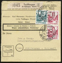 TAILFINGEN (Kr Balingen, Württ) / 13.7.49, Paketkarte mit 10 und 2x ...