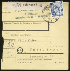 TÜBINGEN 1 / 18.12.48, Paketkarte mit 50 Pf. 2. Ausgabe ...