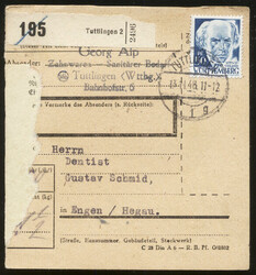 TUTTLINGEN 2 / 13.11.48, Paketkarte mit 50 Pf. 2. Ausgabe; Annahme ...