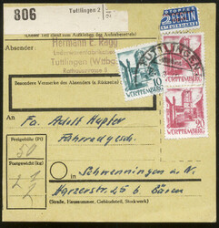 TUTTLINGEN 2 / 24.8.49, Paketkarte mit 10, 2x 20 Pf. III und WoBau 2a ...