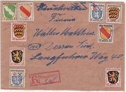 Laupheim, klarer roter R-Stempel auf phil. Ebf. mit 9 Wappenwerten ...