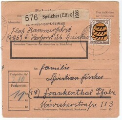 SPEICHER (EIFEL) / 18.12.46, Paketkarte mit vs. 5 Pf. Wappen und rs. ...