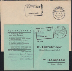 INGOLSTADT (DONAU) 1 / 26.1.46 und 4.5.46, schwarze R2 'BEZAHLT/ ...