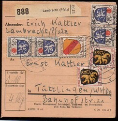 LAMBRECHT (PFALZ) / 24.9.46, Paketkarte mit vs. 2 x 3, 8 und 4 x 24 ...