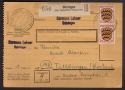 ÖHNINGEN / über / RADOLFZELL (BODENSEE) / 5.11.46, Paketkarte mit ...