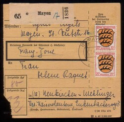 MAYEN / 14.2.47, Paketkarte mit vs. und rs. je 2 x 20 Pf. Wappen