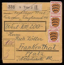 TRIER 2 / 11.11.46, Paketkarte mit vs. 3 und rs. 2 x 20 Pf. Wappen
