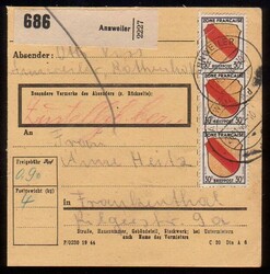 ANNWEILER / 26.11.46, Paketkarte mit senkr. Dreierstreifen 30 Pf. ...