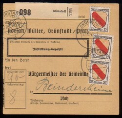 GRÜNSTADT / 27.12.46, Paketkarte mit 3 x 30 Pf. WappenAutomatically ...