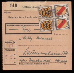LAMBRECHT (PFALZ) / 29.10.46, Paketkarte mit 5 und 30 Pf. Wappen ...