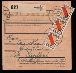KANDEL / 13.2.47, Paketkarte mit senkr. Dreierstreifen 30 Pf. Wappen, ...