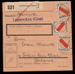 LAUTERECKEN (GLAN) / 25.11.46, Paketkarte mit vs. 3 x 30 und rs. 4 x ...