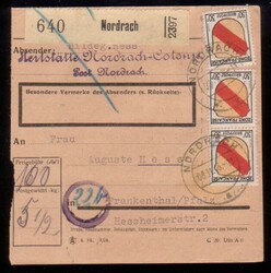NORDRACH / 8.11.46, Paketkarte mit vs. 3 x 30 Pf. und rs. 2 x 5 Pf. ...