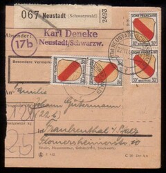 NEUSTADT (SCHWARZWALD) / 22.11.46, Paketkarte mit 4 x 30 Pf. ...
