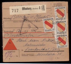 OFFENBURG (Baden) 2 / 27.11.46, Paketkarte mit 4 x 30 Pf. Wappen und ...