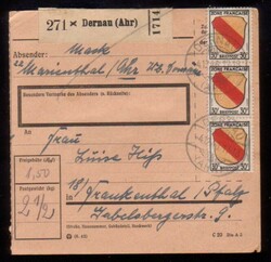 DERNAU (Ahr) / 4.12.46, Paketkarte mit vs. 3 Stück und rs. 2 Stück ...