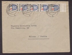 15 Pf. Wappen, senkr. Fünferstreifen auf portor. Auslandsbrief ...